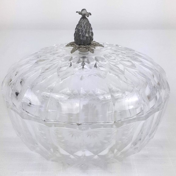 Val St Lambert Crystal Glass Covered Candy Dish Thistle Pineapple Finial Signed - Picture 2 of 12